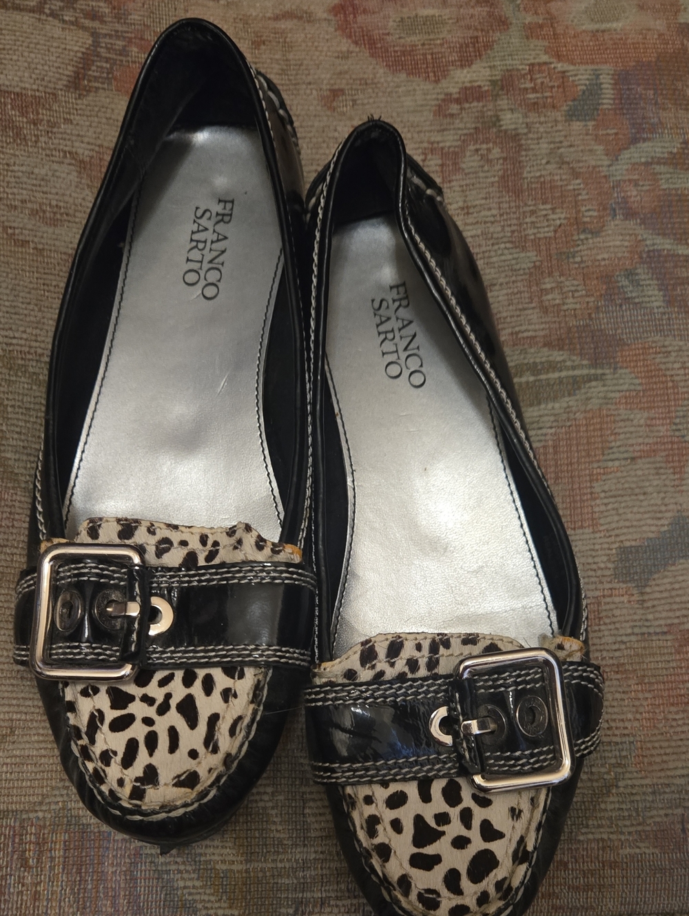Franco Sarto Black and Cream Leopard-Accent Flats with Buckle